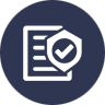 Navy blue circular icon with a white document and shield checkmark, representing service guarantees and transparent policies.